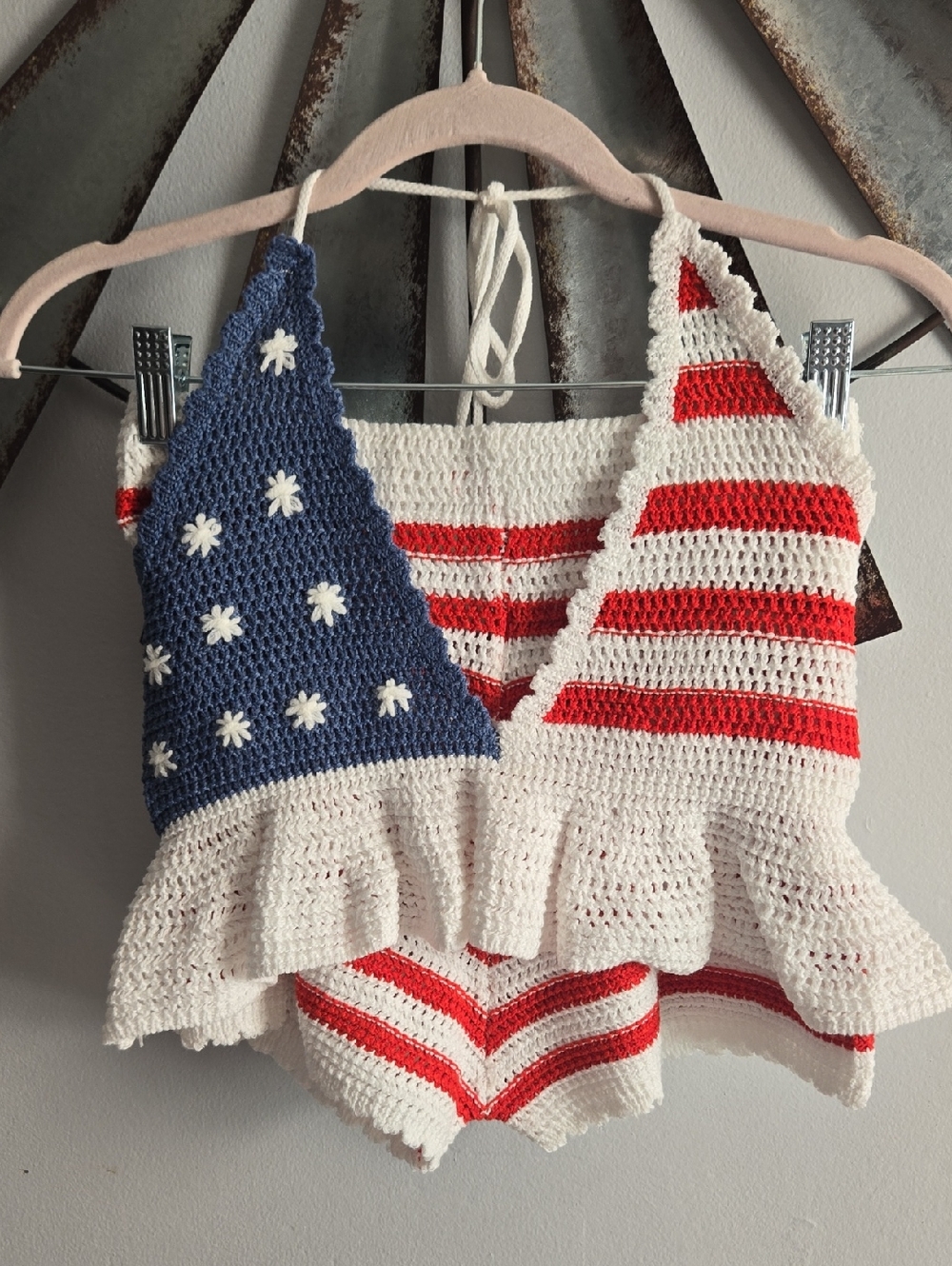 Crochet American Flag Halter Top  And Shorts- Red, White & Blue